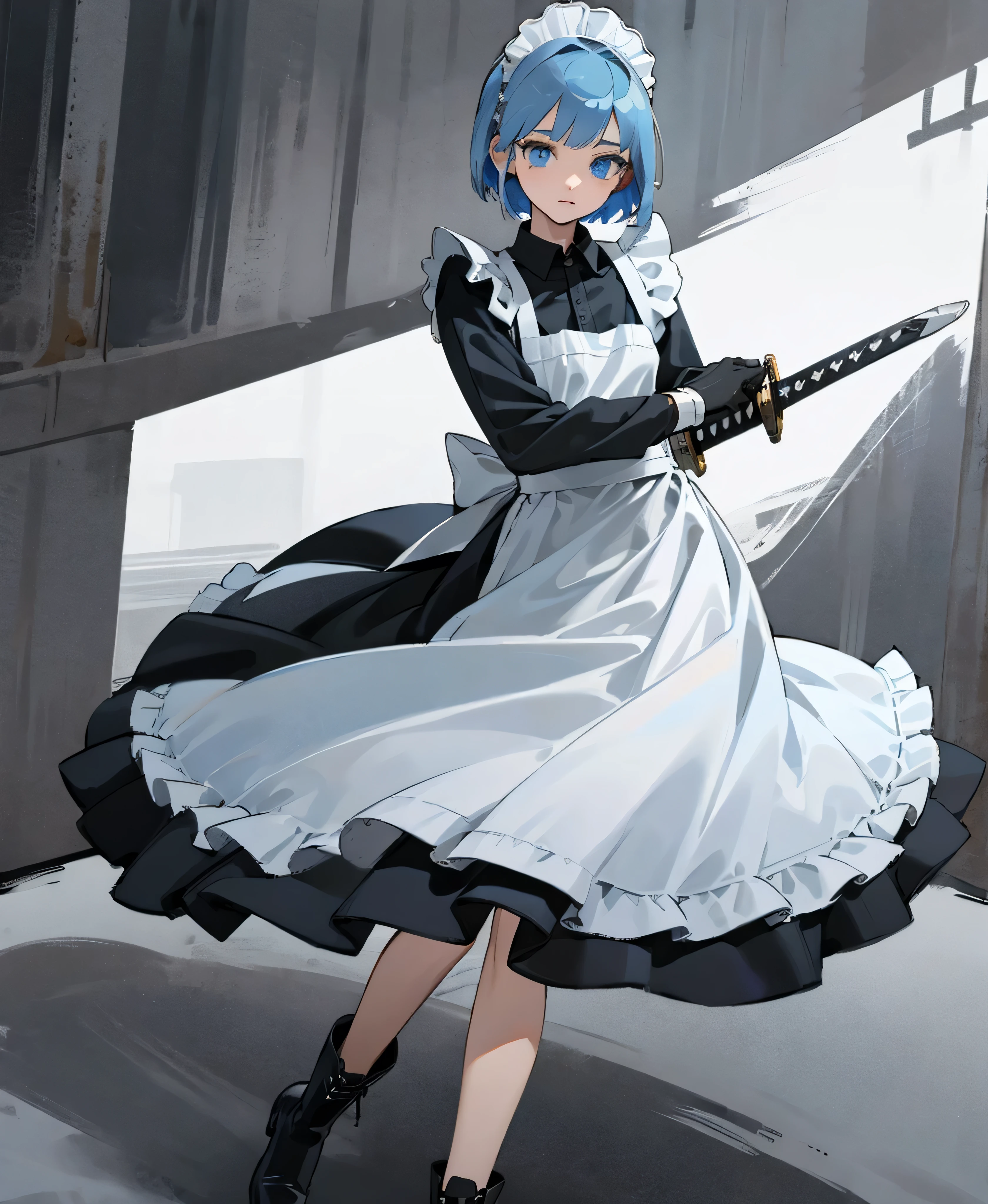 (masterpiece), ((Highest quality)), (Very detailed), (Beautiful eyes Beautiful details Eyes, Clean and delicate face), alone, Severe, Sword Drawing Technique, Blue Bob Hair, (blue eyes, Maid Fashion, White collar, mini skirt), thigh, Black gloves, Black Army Boots