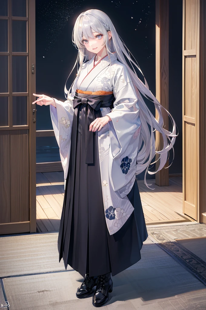 ((Photorealistic, Ultra-high resolution:1.3, masterpiece, best quality, highly detailed, 8K)), 1 girl, (((standing:1.3))), Japanese clothes, kimono, hakama skirt, beautiful face, smile, deep detailed eyes, (detailed silver hair), straight long hair, black ankles boots, realistic lighting