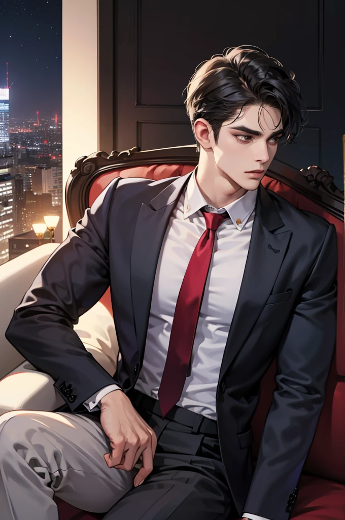 (absurdres, highres, ultra detailed, realistic, ), 1 male, solo, adult, mature, tall muscular guy, ,(sitting on a sofa,cross-legged), broad shoulders, handsome, very short hair, black hair, brown eyes, angular jaw, thick neck, thick eyebrows, night, dark, the night view of the city background, formal suit, necktie, upper body
