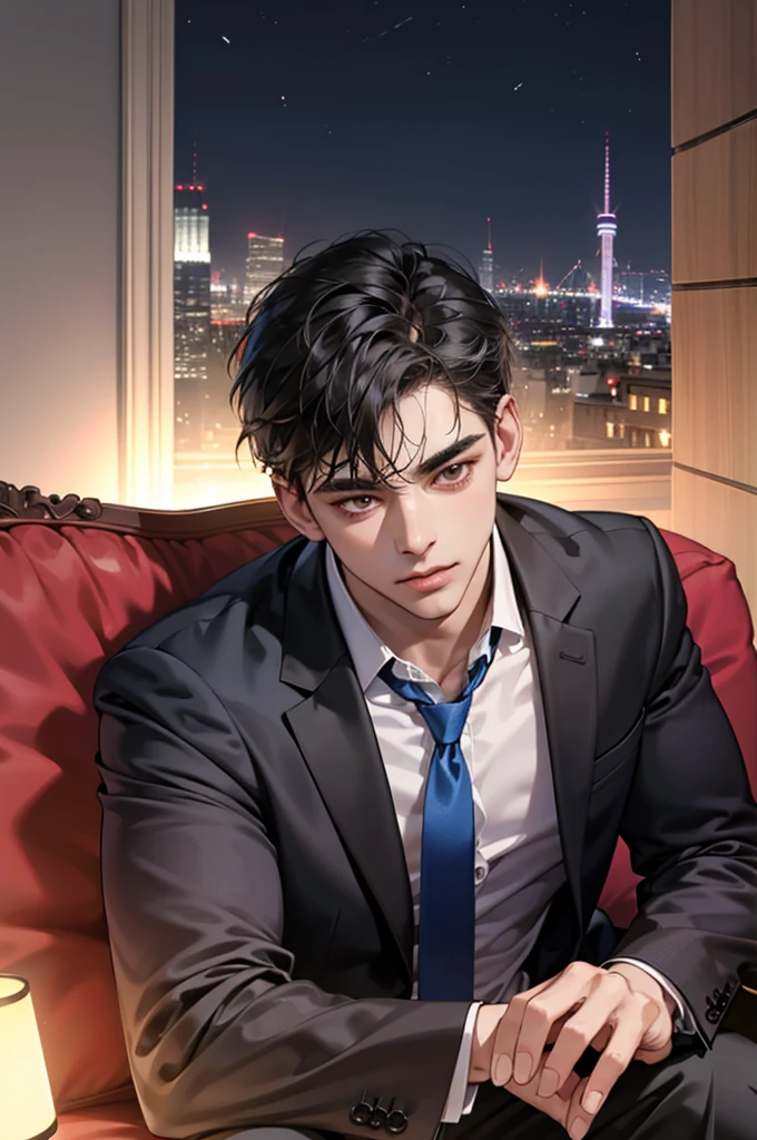 (absurdres, highres, ultra detailed, realistic, ), 1 male, solo, adult, mature, tall muscular guy, ,（sitting on a sofa,cross-legged）, broad shoulders, handsome, very short hair, black hair, brown eyes, angular jaw, thick neck, thick eyebrows, night, dark, the night view of the city background, formal suit, necktie, upper body