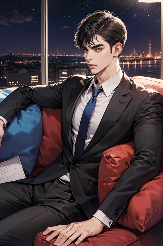 (absurdres, highres, ultra detailed, realistic, ), 1 male, solo, adult, mature, tall muscular guy, ,（sitting on a sofa,cross-legged）, broad shoulders, handsome, very short hair, black hair, brown eyes, angular jaw, thick neck, thick eyebrows, night, dark, the night view of the city background, formal suit, necktie, upper body