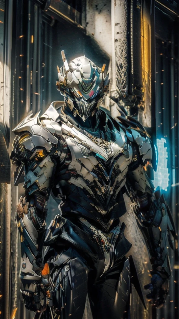 (Masterpiece, best quality:1.4), colorful, high contrast, Genos white shirt, Sleeveless, black pants, mechanical arm, glow, glow eyes, glow hand, stand, fighting posture