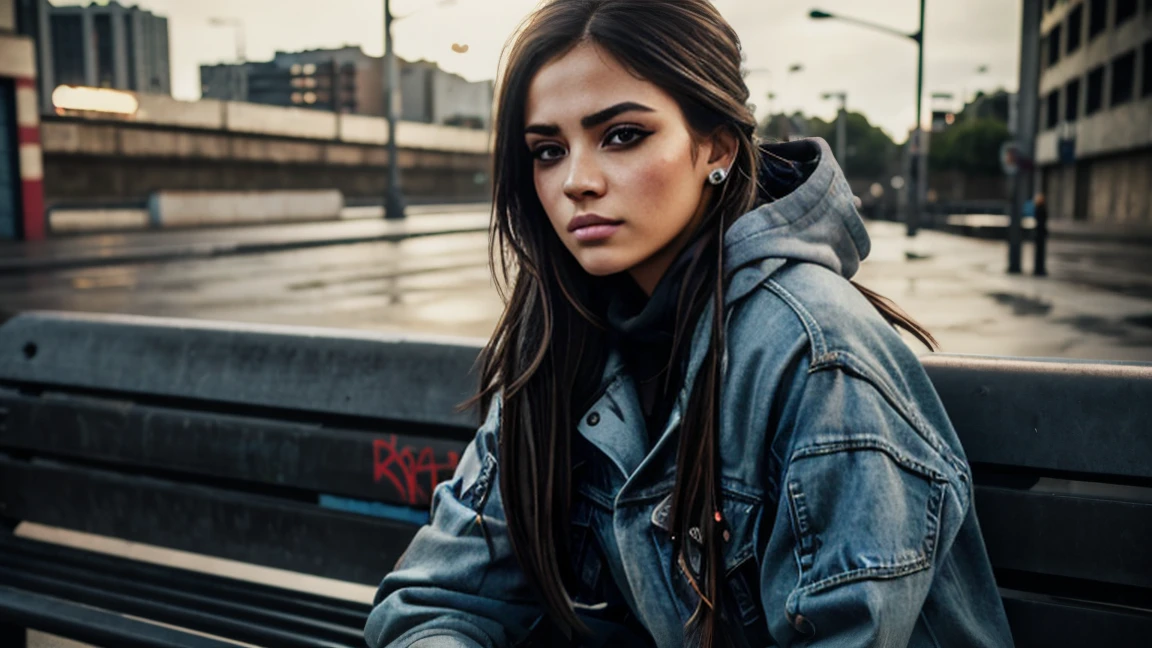 a sad girl sitting on a bench in an urban city, graffiti on a long concrete wall, detailed facial features, beautiful detailed eyes, beautiful detailed lips, extremely detailed face, longeyelashes, photorealistic, 8k, high quality, cinematic lighting, vibrant colors, gritty urban environment, moody atmosphere, realistic textures, hyper detailed