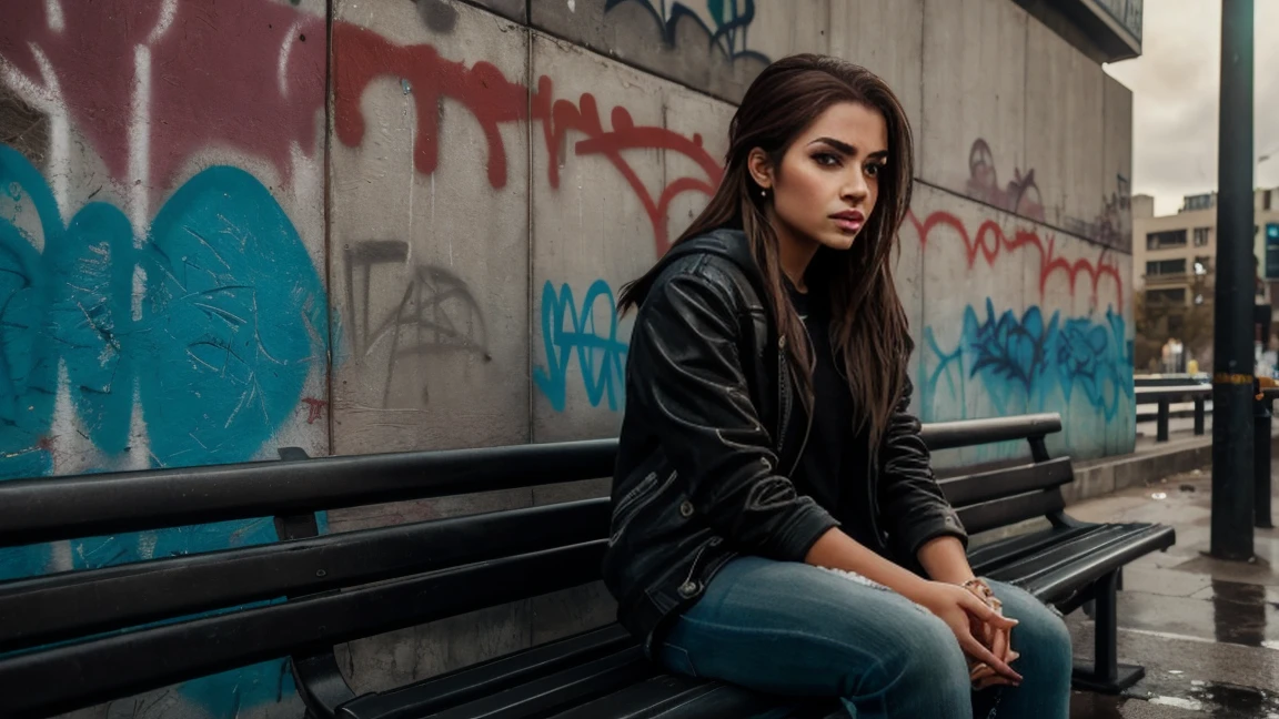 a sad girl sitting on a bench in an urban city, graffiti on a long concrete wall, detailed facial features, beautiful detailed eyes, beautiful detailed lips, extremely detailed face, longeyelashes, photorealistic, 8k, high quality, cinematic lighting, vibrant colors, gritty urban environment, moody atmosphere, realistic textures, hyper detailed