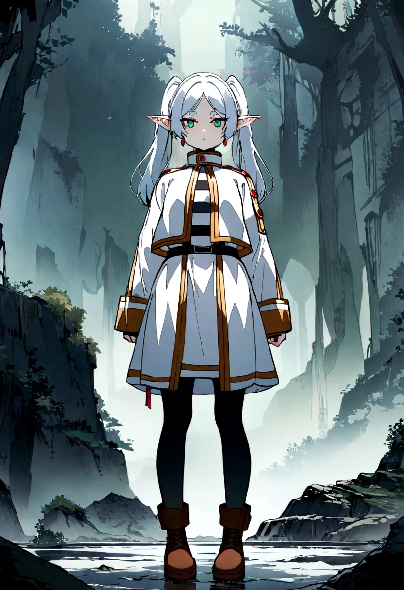 nereirfpnxl, frieren, cover page, pointy ears, 1girl, twintails, pale cisle hair collar, black pantyhose, boots, brown footwear, white jacket, white skirt, abyssal green eyes, expressionless, scenery, best quality, masterpiece, high quality, extremely detailed CG unity 8k wallpaper, straight-on,