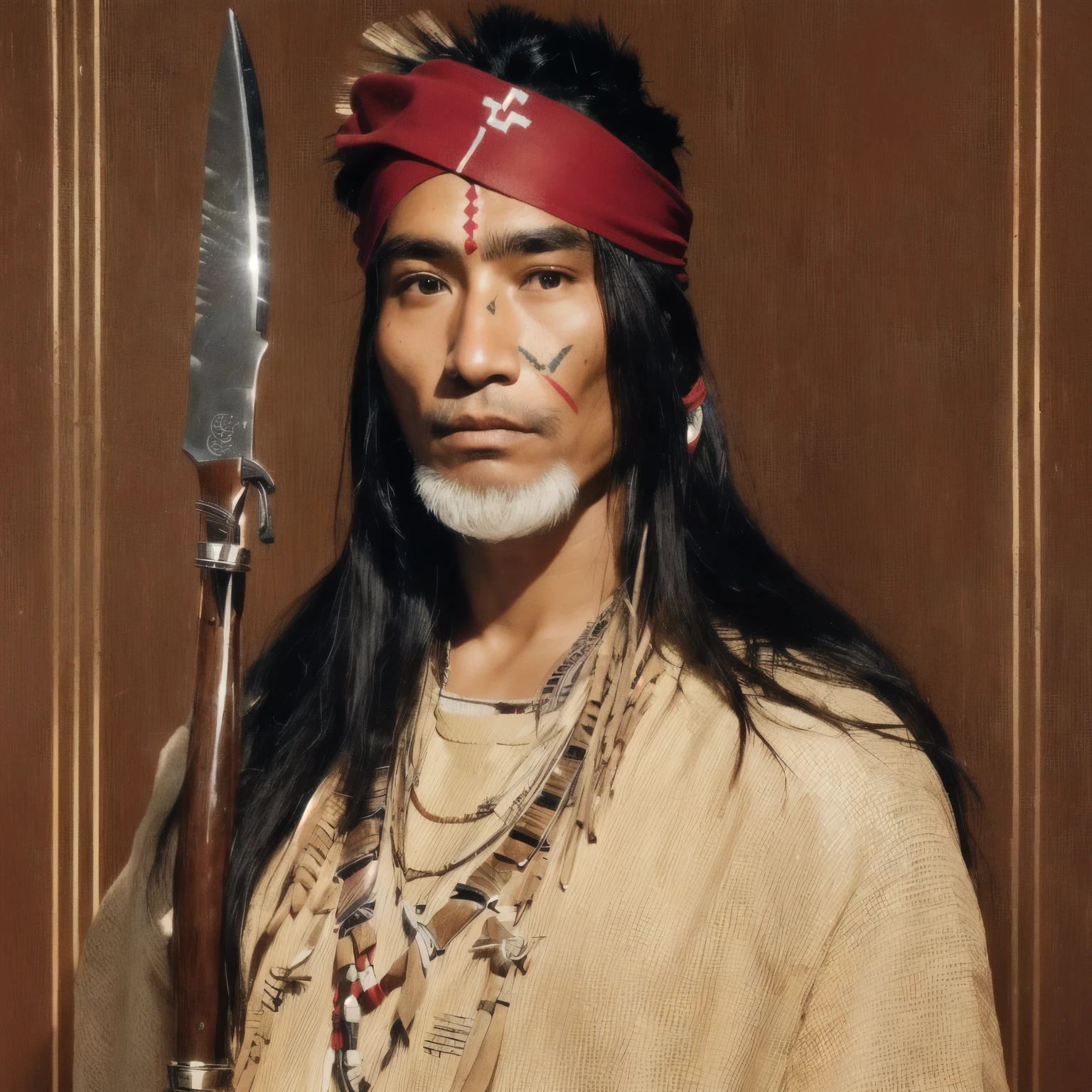 a close up of a man with a knife and a red bandana, indigenous man, aztec yaotl warrior, an aztec warrior, a native american warrior, picture of an adult male warrior, mexican warrior, native american warrior, portrait of a male warrior, skilled warrior of the apache, in the art style of quetzecoatl, portrait of a warrior, Convert to realistic