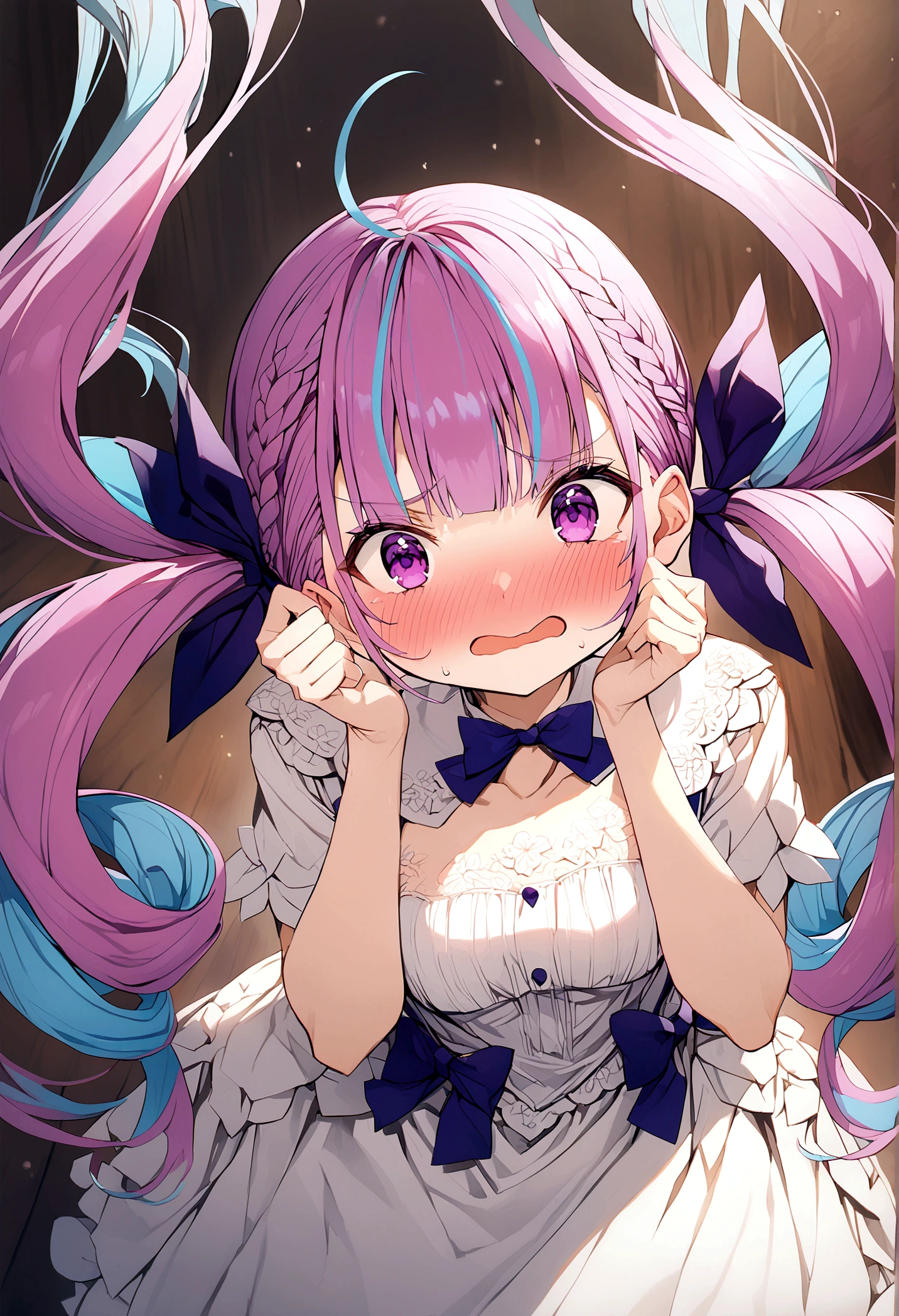 Minato Aqua, multi color hair, Twin-tailed, Color Inner Hair, Two-tone hair, Drill Hair, twin drills, Ahoge, embarrassed