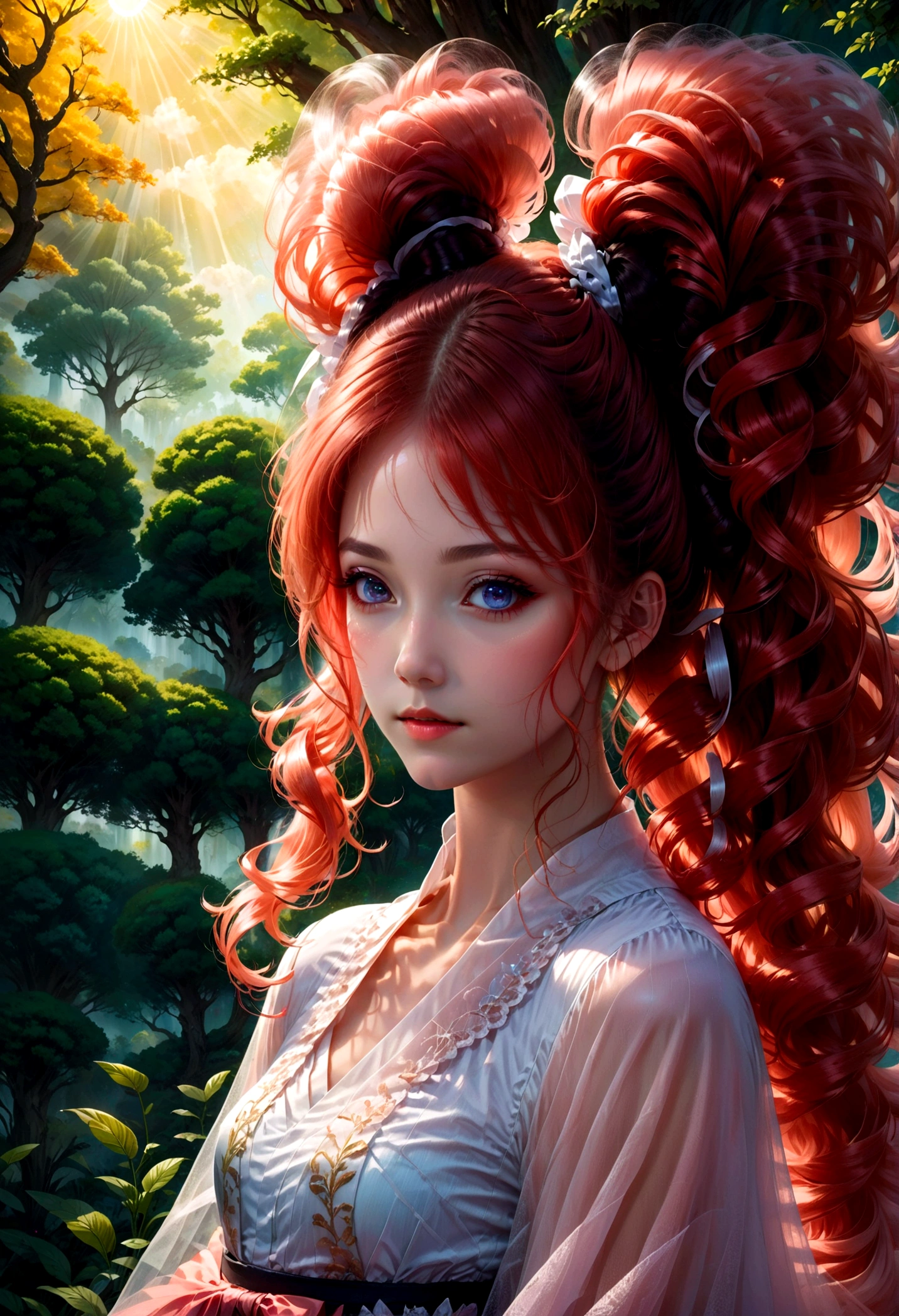 1girl, Twin Tails, A beautiful young girl with twin tails hairstyle, extremely detailed eyes and face, longeyes, flowing hair, intricate dress, delicate features, serene expression, standing in a lush garden, sunlight filtering through the trees, vibrant colors, warm lighting, (4k,8k,highres:1.2), ultra-detailed, portrait, fantasy, masterpiece, best quality, very aesthetic, absurdres