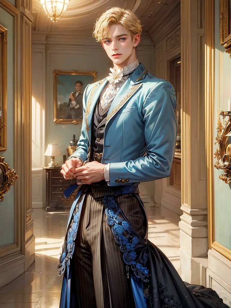 He wears a blue victorian era suit.