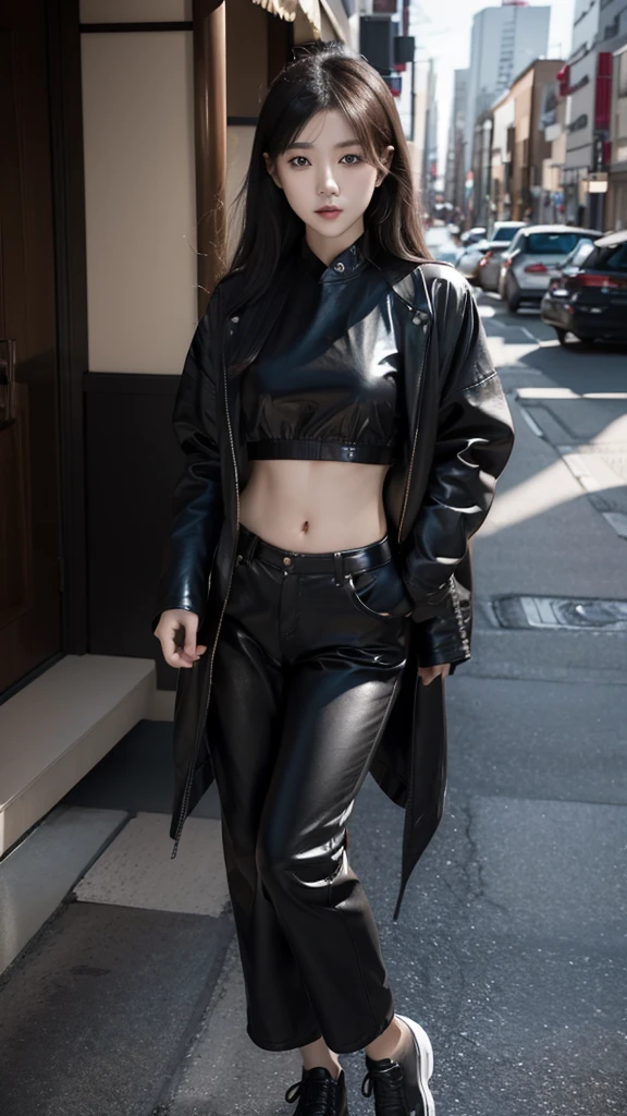 year old Japanese girl, wearing a black leather jacket, black trousers, black shoes, black crop top, has a slim stomach showing her slim stomach, long black hair, photo in the city, 8k masterpiece, detail, realistic 