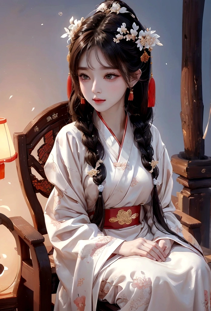Face close-up, Ultra-fine face,woman, Chinese style, Ancient Wind,Hanfu, Sitting pose, Long white hair, Delicate clothing patterns, Elegance, Gorgeous, Elegance, smile,Sky Sky, ribbon,Sense of brokenness, It is, Bubble, Double up braid, Hairline, Diagonal bangs, hair band, hair ornaments,Sparkling, Cinema Lighting, Hyper HD, High resolution, 最high quality, 8K, High detail, high quality, Super Detail, Anatomically correct, masterpiece, Accurate,plump,Landscape painting,screen