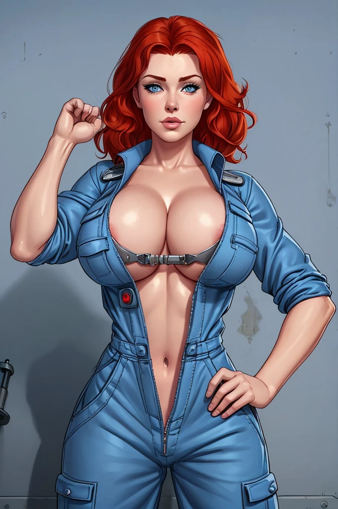 Brigid Brannagh, gorgeous mechanic, blank background, blue coverall, cleavage, no shirt, red pubic hair
