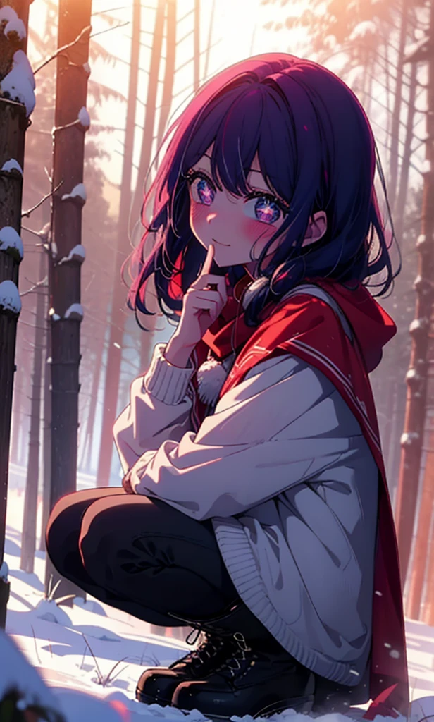 aihoshino, Ai Hoshino, Long Hair, bangs, (Purple eyes:1.1), Purple Hair, (Symbol-shaped pupil:1.5), smile,,smile,blush,White Breath,
Open your mouth,snow,Ground bonfire, Outdoor, boots, snowing, From the side, wood, suitcase, Cape, Blurred, , forest, White handbag, nature,  Squat, Mouth closed, Cape, winter, Written boundary depth, Black shoes, red Cape break looking at viewer, Upper Body, whole body, break Outdoor, forest, nature, break (masterpiece:1.2), Highest quality, High resolution, unity 8k wallpaper, (shape:0.8), (Beautiful and beautiful eyes:1.6), Highly detailed face, Perfect lighting, Extremely detailed CG, (Perfect hands, Perfect ???????),