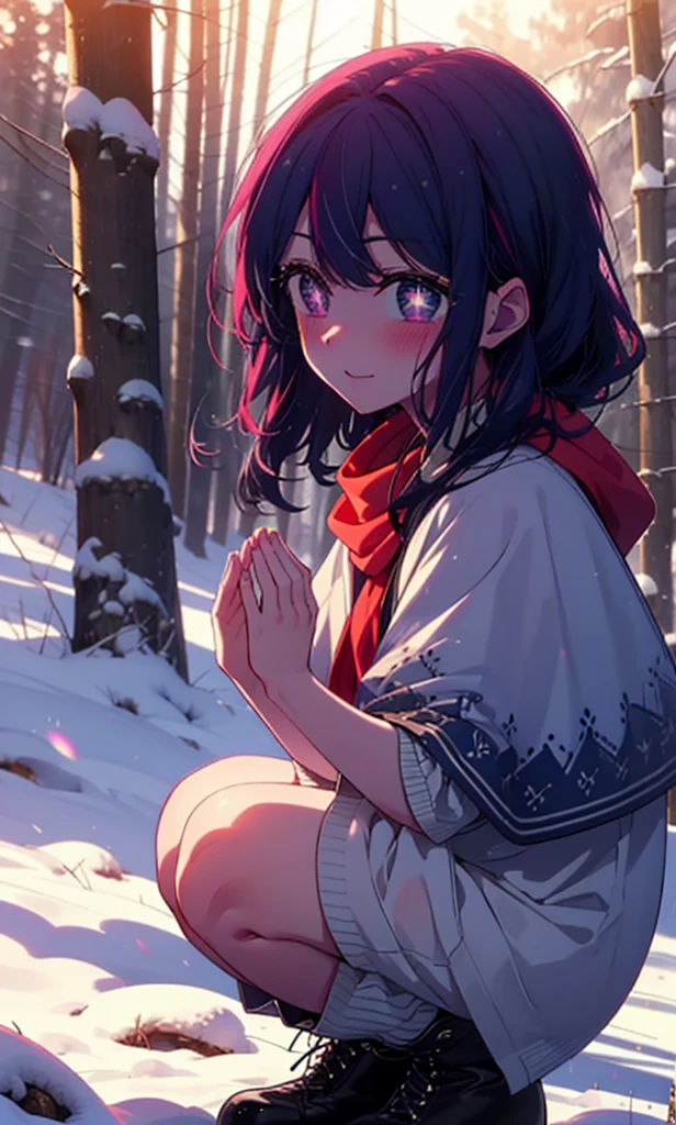 aihoshino, Ai Hoshino, Long Hair, bangs, (Purple eyes:1.1), Purple Hair, (Symbol-shaped pupil:1.5), smile,,smile,blush,White Breath,
Open your mouth,snow,Ground bonfire, Outdoor, boots, snowing, From the side, wood, suitcase, Cape, Blurred, , forest, White handbag, nature, Squat, Mouth closed, Cape, winter, Written boundary depth, Black shoes, red Cape break looking at viewer, Upper Body, whole body, break Outdoor, forest, nature, break (masterpiece:1.2), Highest quality, High resolution, unity 8k wallpaper, (shape:0.8), (Beautiful and beautiful eyes:1.6), Highly detailed face, Perfect lighting, Extremely detailed CG, (Perfect hands, Perfect Anatomy),