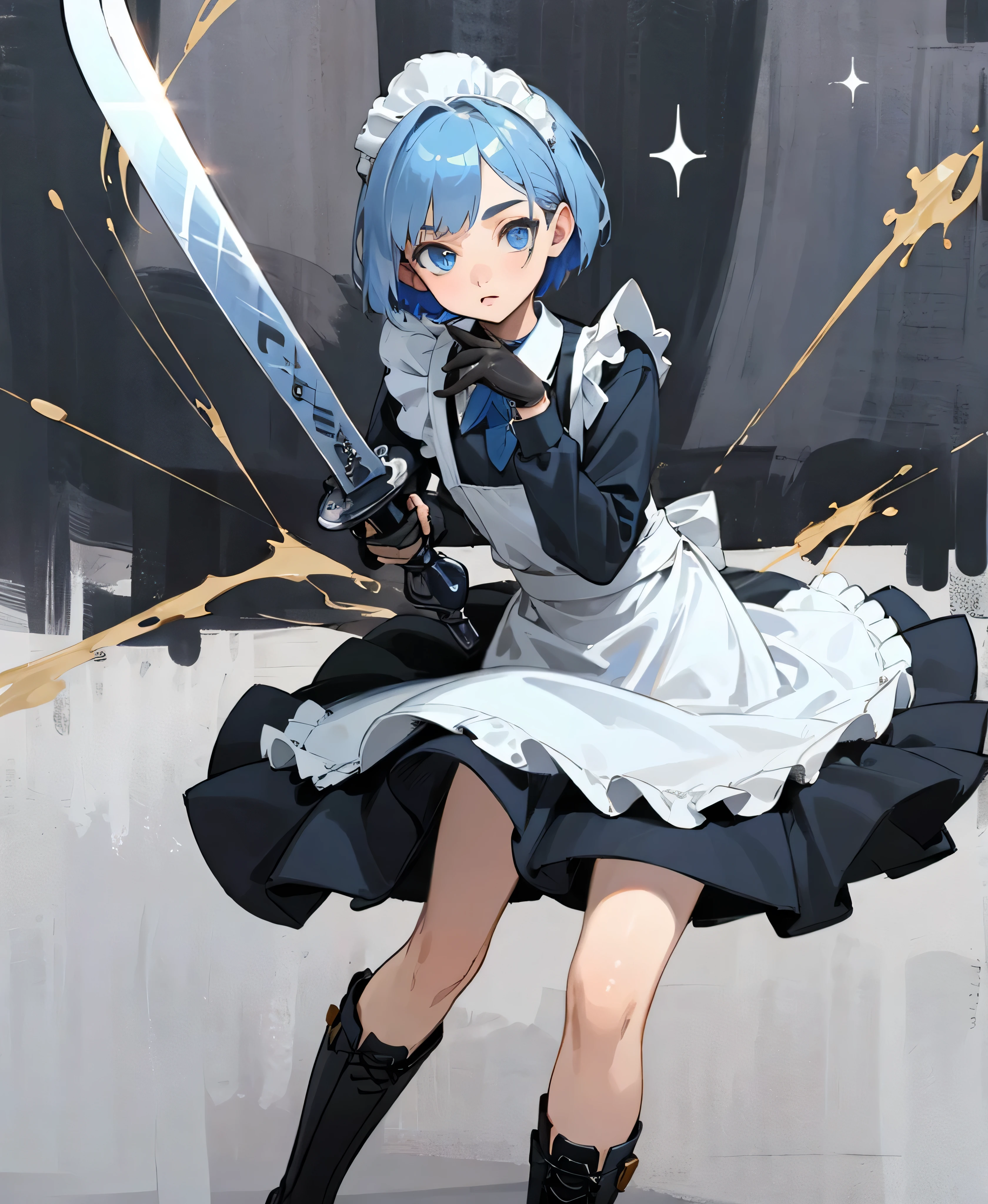 (masterpiece), ((Highest quality)), (Very detailed), (Beautiful eyes Beautiful details Eyes, Clean and delicate face), alone, Severe, Sword Drawing Technique, Blue Bob Hair, (blue eyes, Maid Fashion, White collar, mini skirt), thigh, Black gloves, Black Army Boots