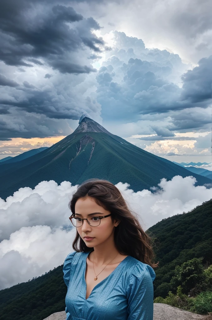 There is a peak of a mountain. There is a dense forest below the peak. A girl is standing on the edge of the peak. She is wearing a blue frock. Her hair is light brown. She is wearing beautiful glasses. The clouds in the sky are black in colour. Lightning is flashing.