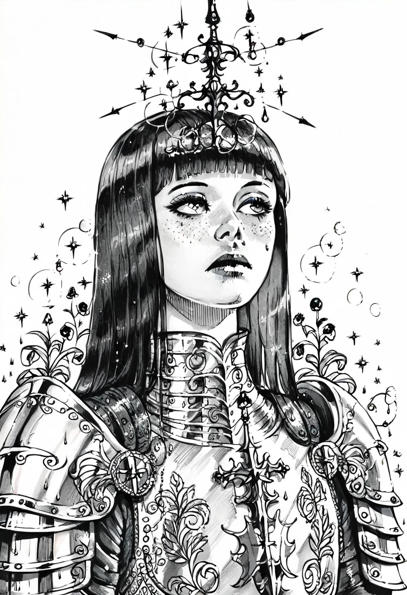 score_9, score_8_up, score_7_up, 1girl, sp1t, abundant detailed hatching shading, monochrome,best quality, high resolution, clean background, high contrast, A medieval female knight in luminous armor, (Luminescent armor:1.3), glitter with gold, blunt bangs, straight hair, hime cut