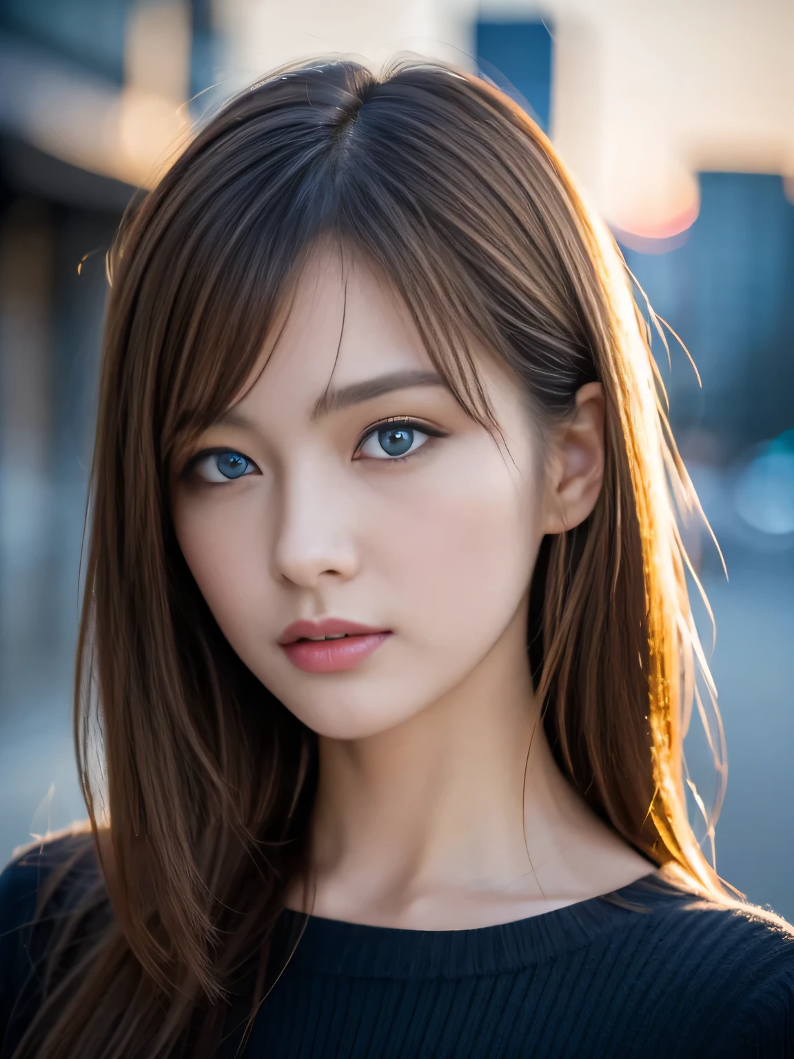 masterpiece, best quality, ultra-detailed, intricately detailed hyperdetailed, realistic, sharp features, highly detailed, sharp focus, 19 years old, Japanese sophisticated model, perfect face, perfect and delicate Blue eyes, perfect full lips, flexible female form, cinematic, hyper detailed, hyper realistic, high resolution, vibrant, dynamic studio lighting, ((deep Blue hour)), light brown hair, messy hair, small breasts, Black sweater, portrait, head shot,