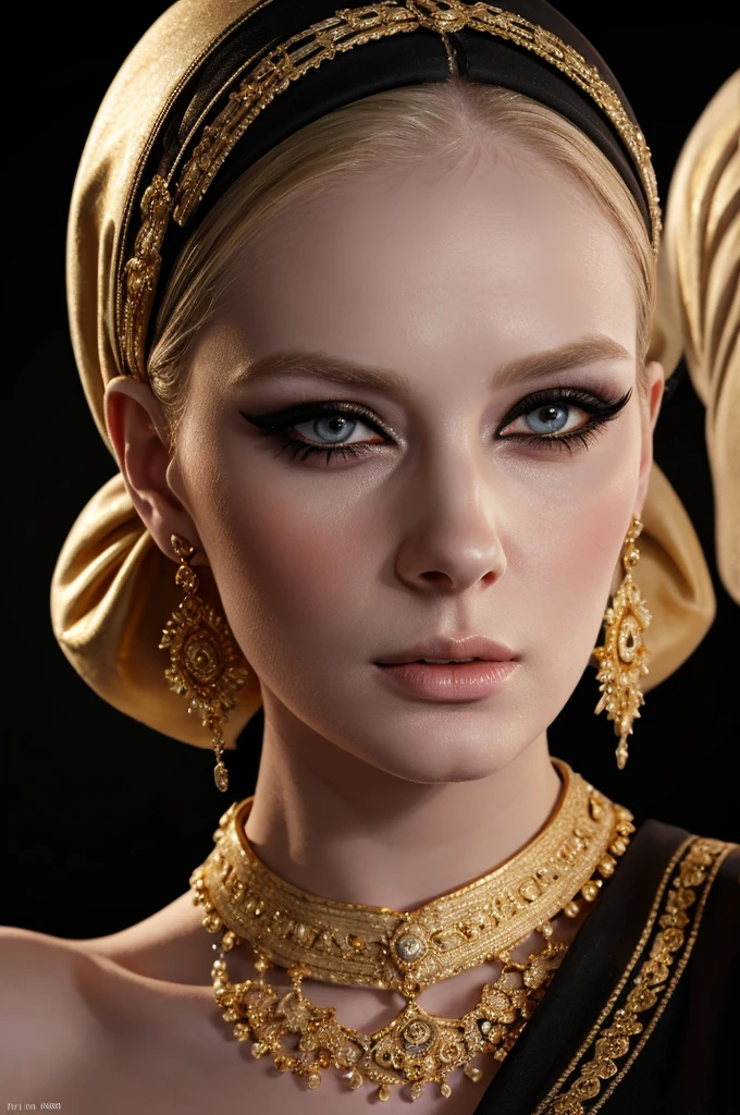 a blonde woman with a black turban and gold earrings poses for a picture,,pale,eyeliner,portrait,no-makeup , makeup ,pale woman painting, eyeliner wonderful highly detailed masterpiece, beautiful light deep focus, elegant, digital painting, smooth, dramatic lighting, ultra realistic, 8k, art ,black background, portrait, blur, simple background