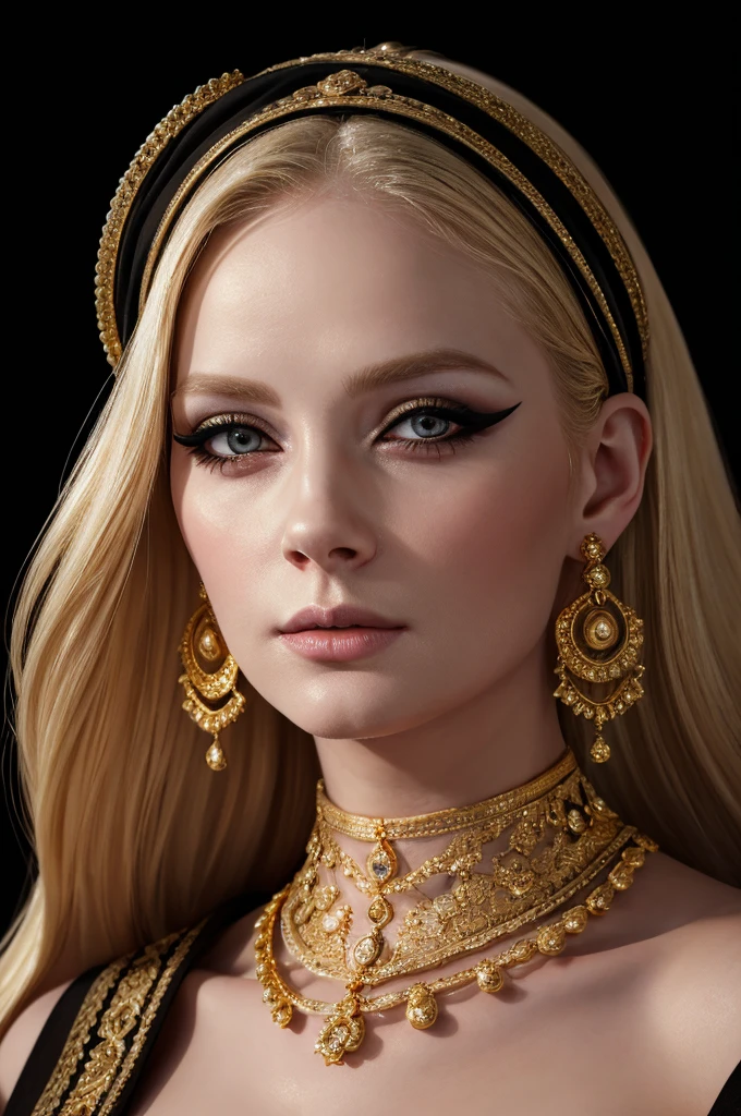 a blonde woman with a black turban and gold earrings poses for a picture,,pale,eyeliner,portrait,no-makeup , makeup ,pale woman painting, eyeliner wonderful highly detailed masterpiece, beautiful light deep focus, elegant, digital painting, smooth, dramatic lighting, ultra realistic, 8k, art  ,black background, portrait, blur, simple background