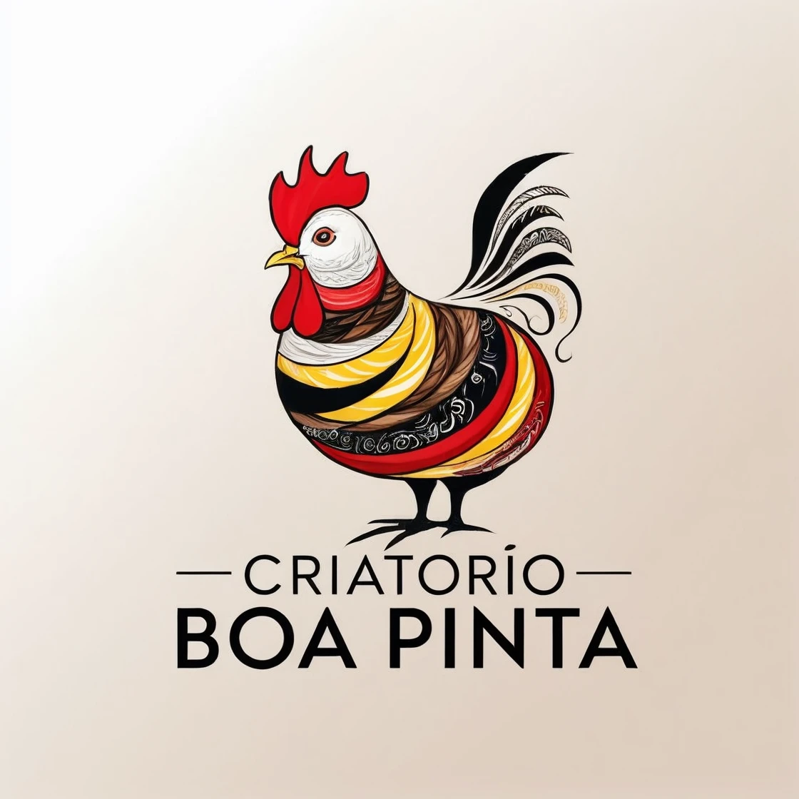 Help me create a logo with the name Criatorio BOA PINTA, place a drawing of a painted chicken, I&#39;m a barbell, with white spots, black, brown and yellow, Desenho abstrato((detail))((clear))((Simpler))