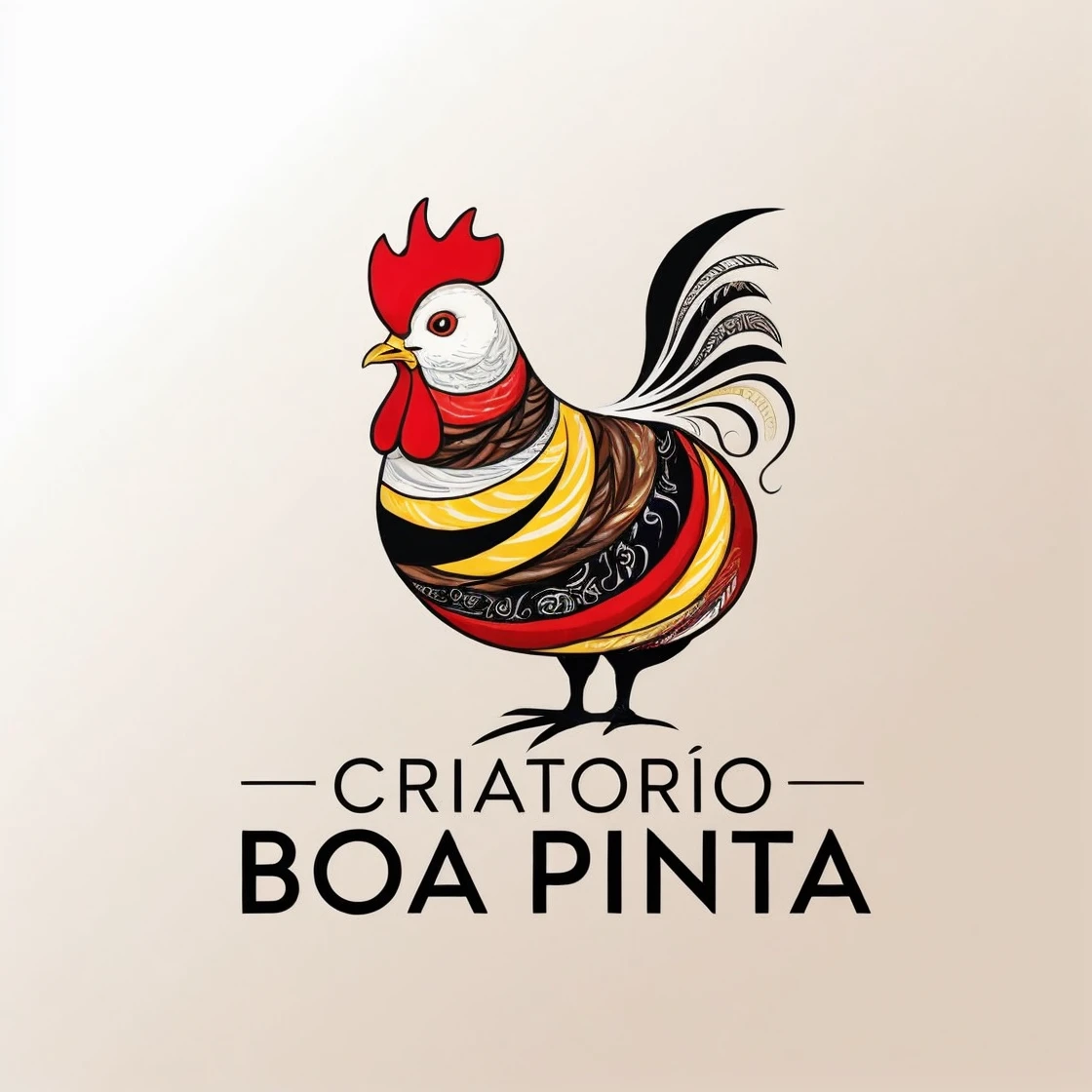 Help me create a logo with the name Criatorio BOA PINTA, place a drawing of a painted chicken, I'm a barbell, with white spots, black, brown and yellow, Desenho abstrato((detail))((clear))((Simpler))