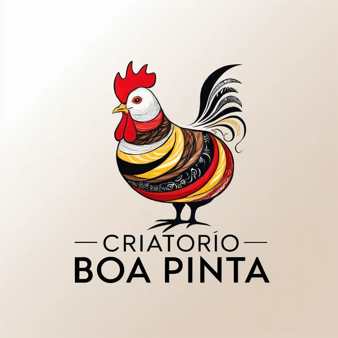 Help me create a logo with the name Criatorio BOA PINTA, place a drawing of a painted chicken, I'm a barbell, with white spots, black, brown and yellow, Desenho abstrato((detail))((clear))((Simpler))