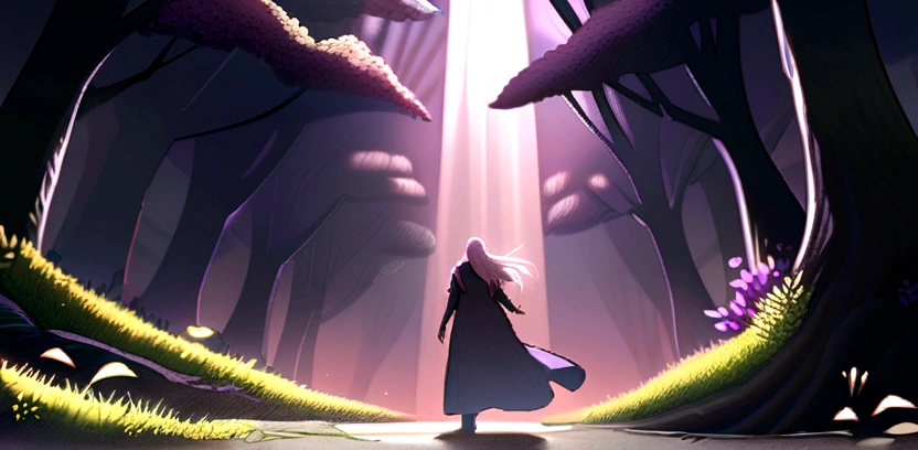 Male, solo, long white hair, purple eyes, fantasy forest background