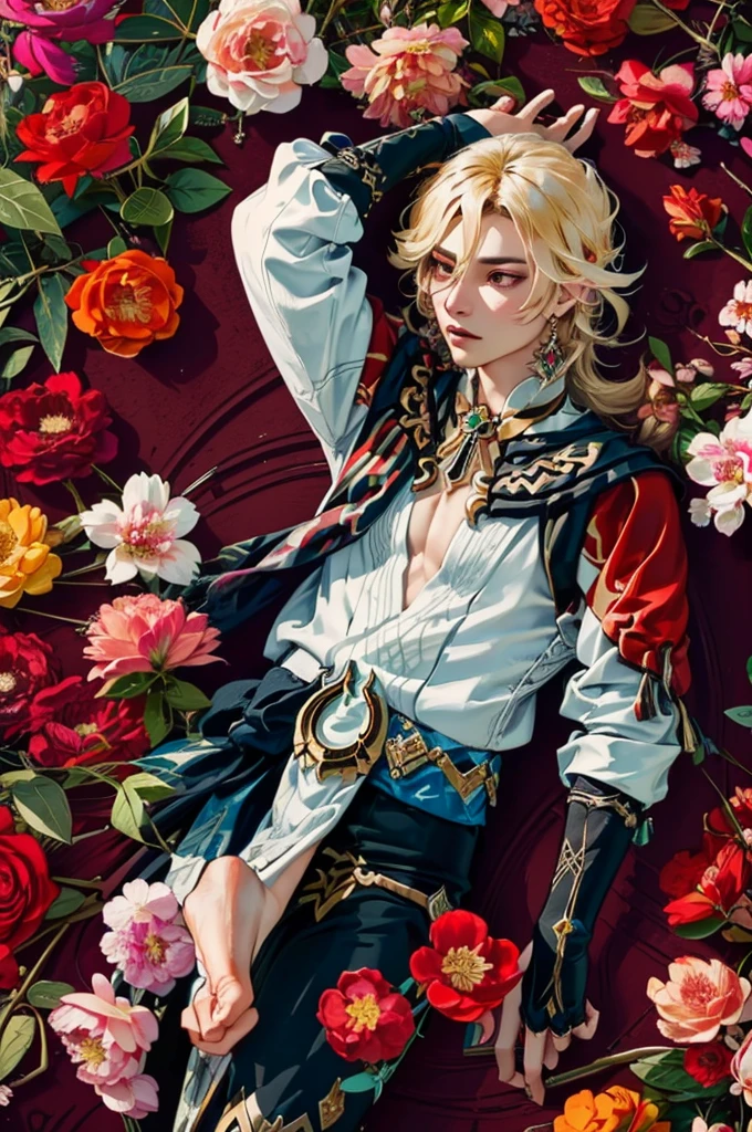 1 adult male solo, blond hair, red eyes, kaveh genshin impact, white top, red and black embroidered details, golden accessories, dark pants, fingerless gloves, feather hair ornament, shiny eyes (​masterpiece),((top-quality)),(offcial art),(Beautiful and indulgent:1.2),(1manin:1.3),Detailed drawing。Vibrant colors。colourfull、highestdetailed ((ultra-detailliert)),(Highly detailed 2D illustrations),((Extremely delicate and beautiful))Super Detail,atmosphric perspective，dust particle, iridescent light, water drops on flowers and plants, light summer rain, rainbow light, glowing, surrounded by dark red lily flowers, (((laying in a flower field, many flowers around, view from above, top view)))