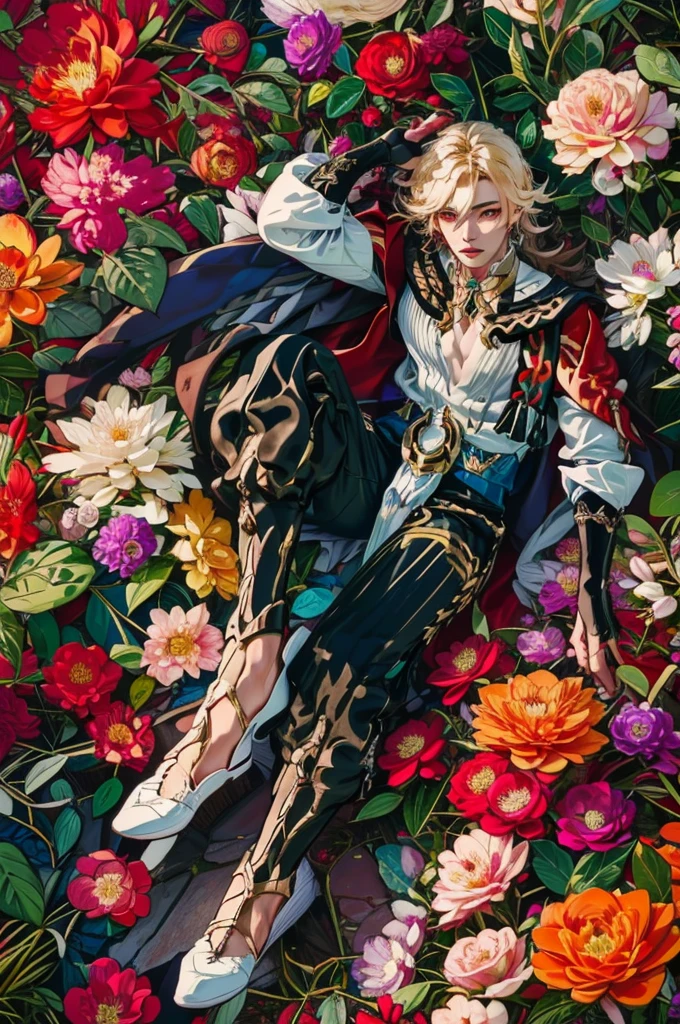 1 adult male solo, blond hair, red eyes, kaveh genshin impact, white top, red and black embroidered details, golden accessories, dark pants, fingerless gloves, feather hair ornament, shiny eyes (masterpiece),((top-quality)),(offcial art),(Beautiful and indulgent:1.2),(1manin:1.3),Detailed drawing。Vibrant colors。colourfull、highestdetailed ((ultra-detailliert)),(Highly detailed 2D illustrations),((Extremely delicate and beautiful))Super Detail,atmosphric perspective,dust particle, iridescent light, water drops on flowers and plants, light summer rain, rainbow light, glowing, surrounded by dark red lily flowers, (((laying in a flower field, many flowers around, view from above, top view)))