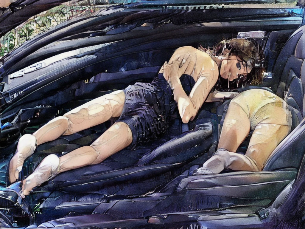 hyperrealisti, wide sight, extremely detaild, crisp quality, curved body, long figure, Ana, Lucas, Mariana and Pedro are in a car, driving to an old abandoned house in the village of Sr. Edward. Ana is filming for a college project about urban legends.Full-figured, extremely illuminated, direct moonlight, sharp focus, hands tied