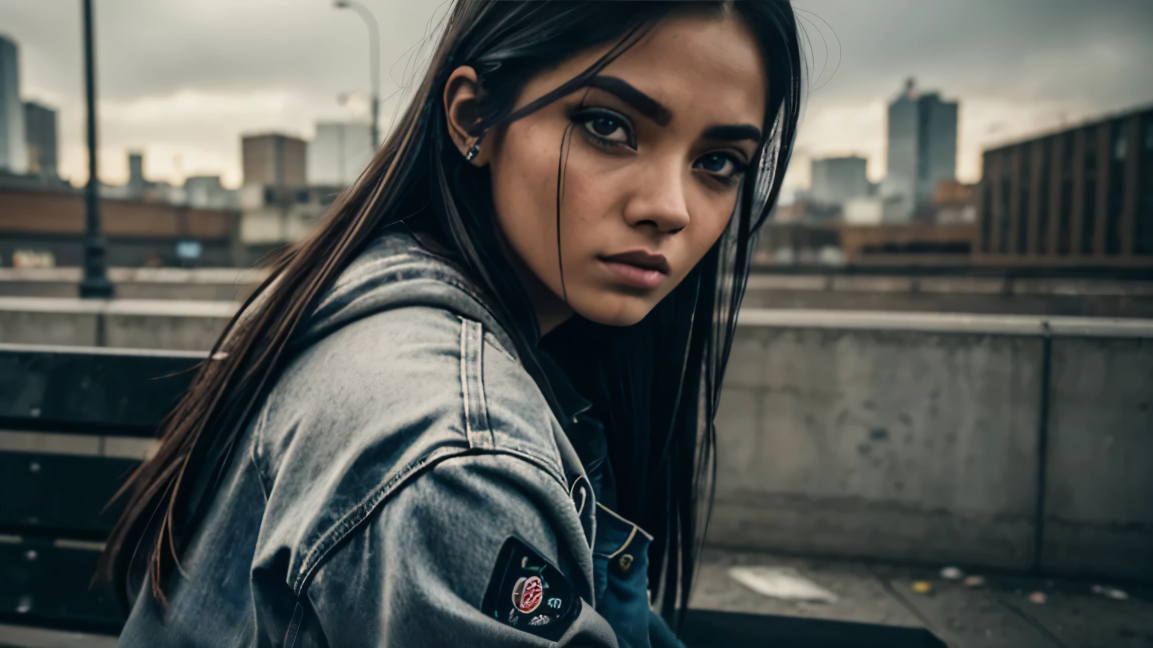 a sad girl sitting on a bench in an urban city, graffiti on a long concrete wall, detailed facial features, beautiful detailed eyes, beautiful detailed lips, extremely detailed face, longeyelashes, photorealistic, 8k, high quality, cinematic lighting, vibrant colors, gritty urban environment, moody atmosphere, realistic textures, hyper detailed