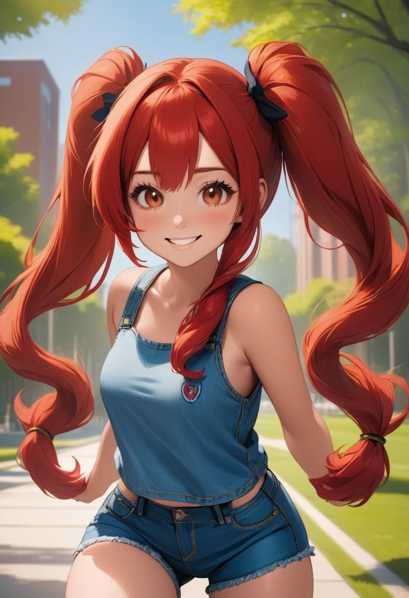 Masterpiece, The best quality, highres, 8k, vivid colors, Photography, A beautiful 25 year old university student, angelic face, a mole on the face, tremendously provocative body, green short, twin tails, (red hair), brown eyes, Very long hair, playful pose, the background is a university campus, High contrast