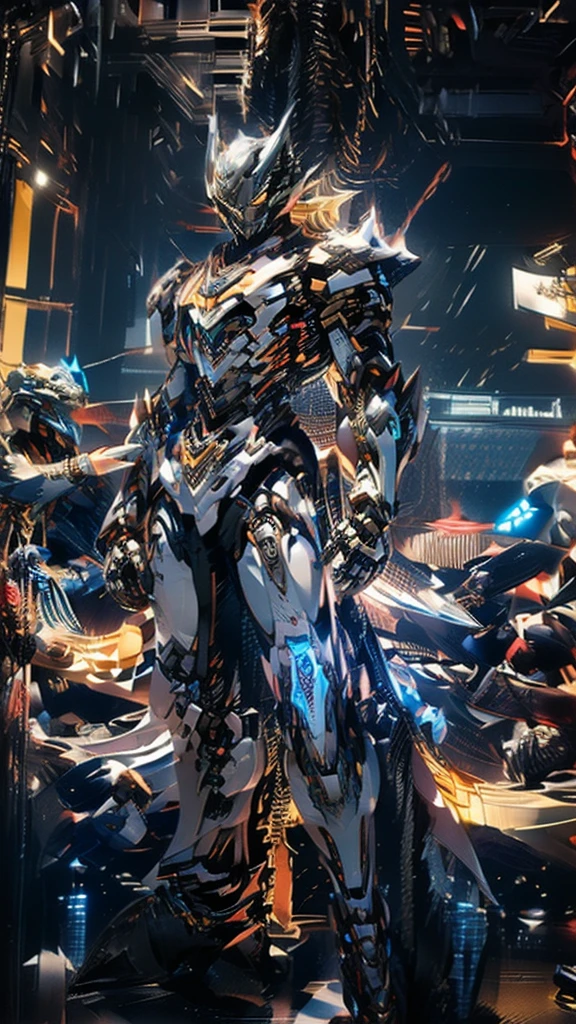 (Masterpiece, best quality:1.4), colorful, high contrast, Genos white shirt, Sleeveless, black pants, mechanical arm, glow, glow eyes, glow hand, stand, fighting posture