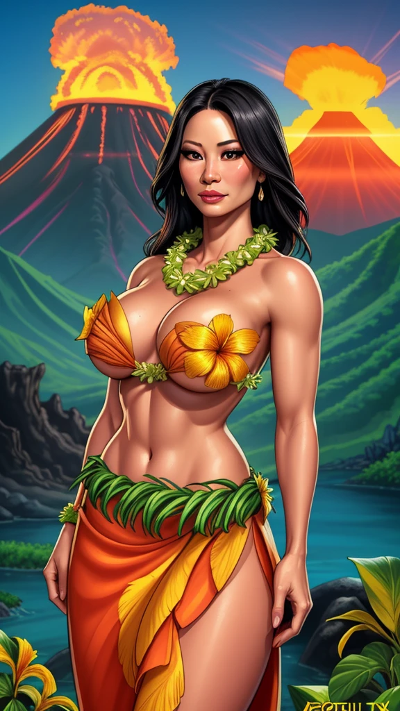 a beautiful woman, Lucy Liu, wearing a grass skirt and flower lei, standing in front of a tropical volcano landscape, detailed facial features, beautiful eyes and lips, long eyelashes, photorealistic, vibrant colors, cinematic lighting, masterpiece, 8k, ultra-detailed, topless