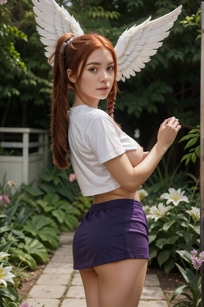 1 girl with red hair in a pigtail, facing the front of the screen, hair with many flowers, white skin, big breasts, big butt, purple short skirt and t-shirt, with angel wings, background Lily garden, standing and posing