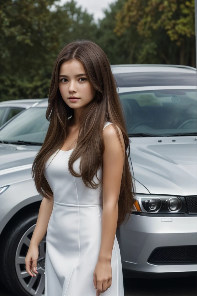 ((Best Quality, 8K, Masterpiece: 1.3, best quality)), photorealistic, photorealism, high resolution, ((full image standing)), (detailed face skin, reallistic, Photorealsitic:1.37), face of 1girl , looking at the viewer, (Detailed face), medium long hair, (wearing office dress), standing beside a car,