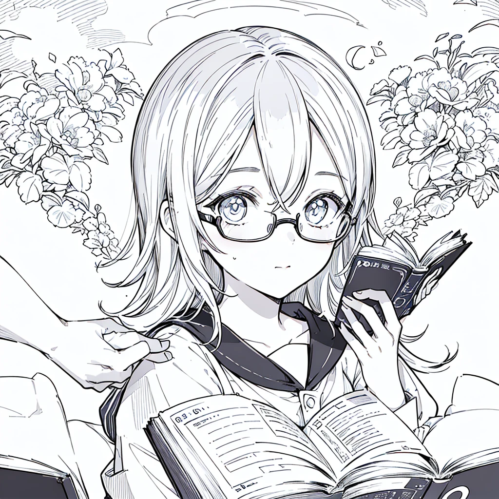 A girl,close up, wearing white shirt, reading a book, (best quality:1.3), (highres:1), (detailed:1.3), (incredible:1.3), (perfect:1.3), (perfection:1.3), (illustration:1.3), she's getting fun while reading it, dynamic on scene,Wear glasses