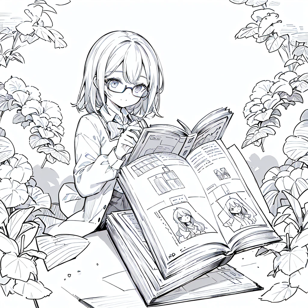 A girl,close up, wearing white shirt, reading a book, (best quality:1.3), (highres:1), (detailed:1.3), (incredible:1.3), (perfect:1.3), (perfection:1.3), (illustration:1.3), she's getting fun while reading it, dynamic on scene,Wear glasses