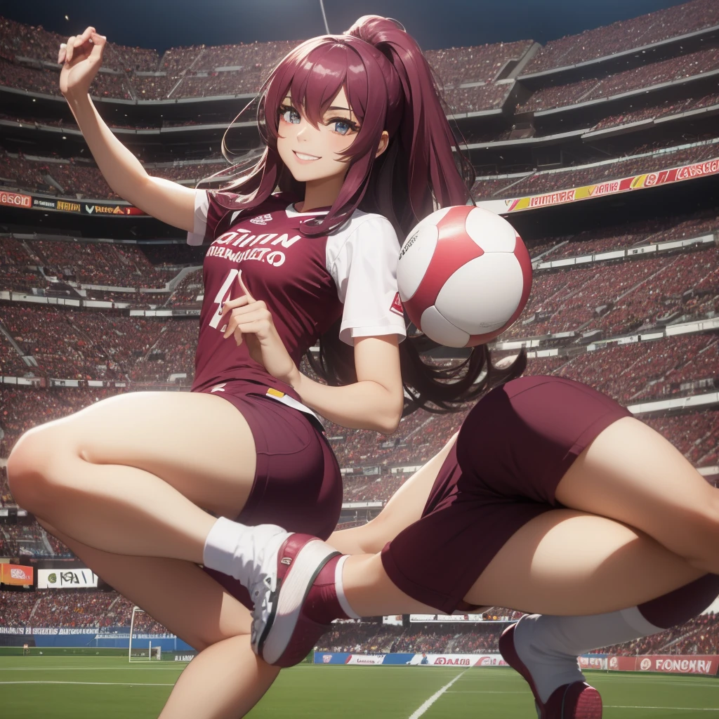 1-Girl dressed as Vinotinto Venezuelan soccer team, sexy, beautiful smile, in the background a football stadium
