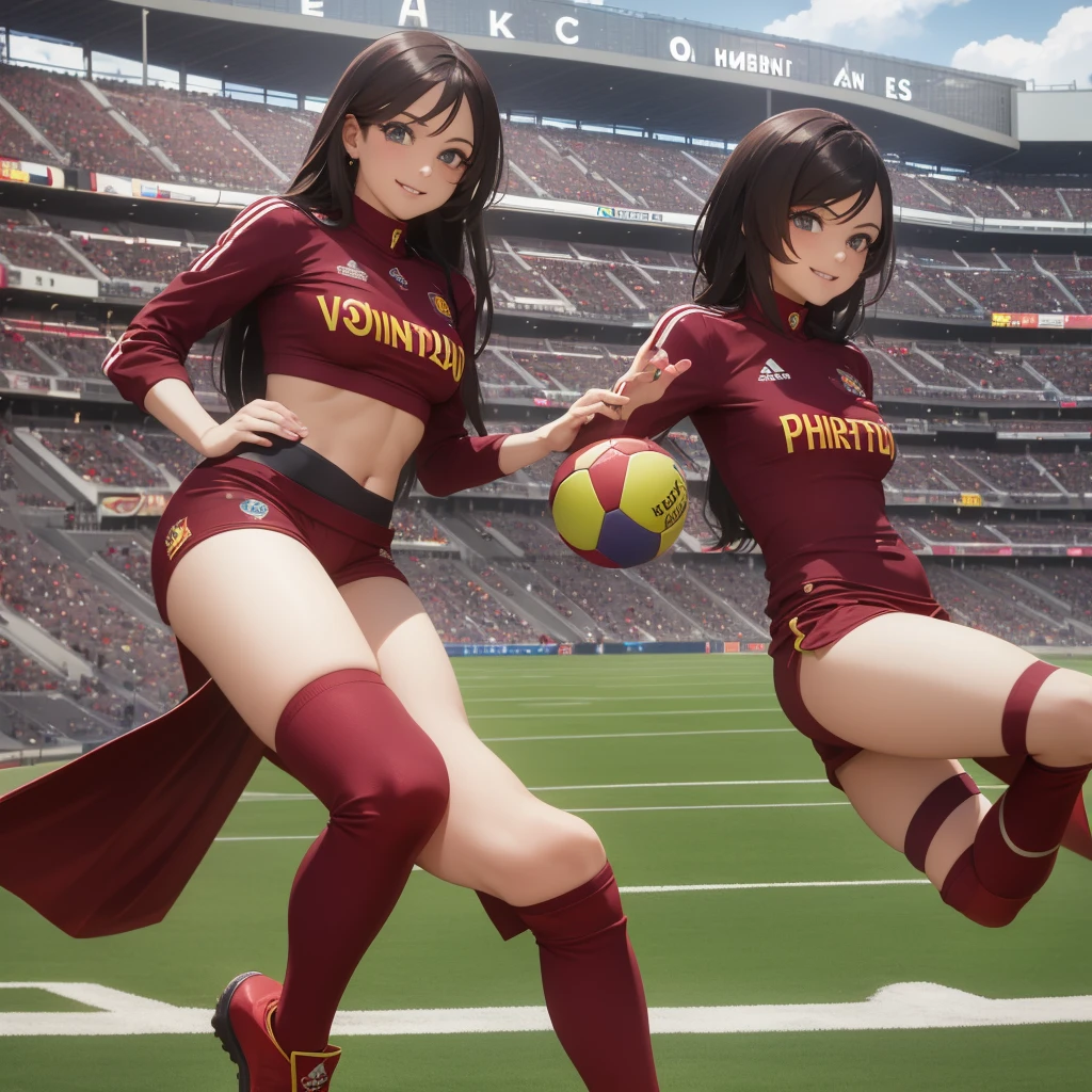 1-Girl dressed as Vinotinto Venezuelan soccer team, sexy, beautiful smile, in the background a football stadium