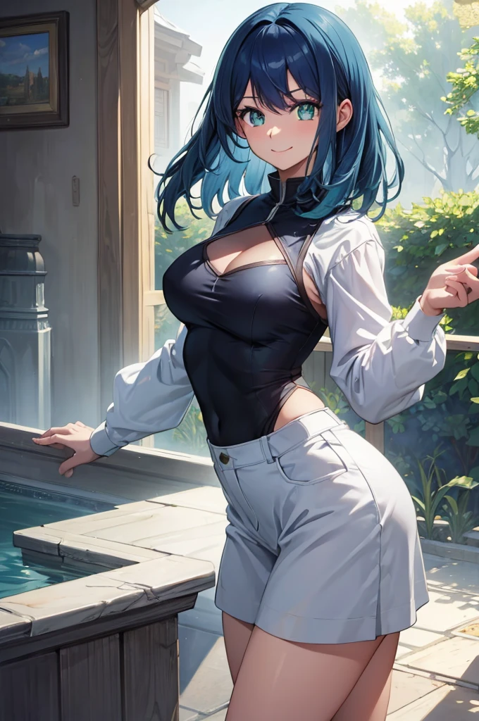 (masterpiece:1.3), (best quality:1.1), (8k, ultra detailed, ultra high res:1.2), ((anime style)), perfect 5 fingers, perfect anatomy, 
1girl,
BREAK medium hair, 
blue hair, 
green eyes, 
medium breasts, 
smile, 
looking at viewer, 
cowboy shot, 
perfect light, 