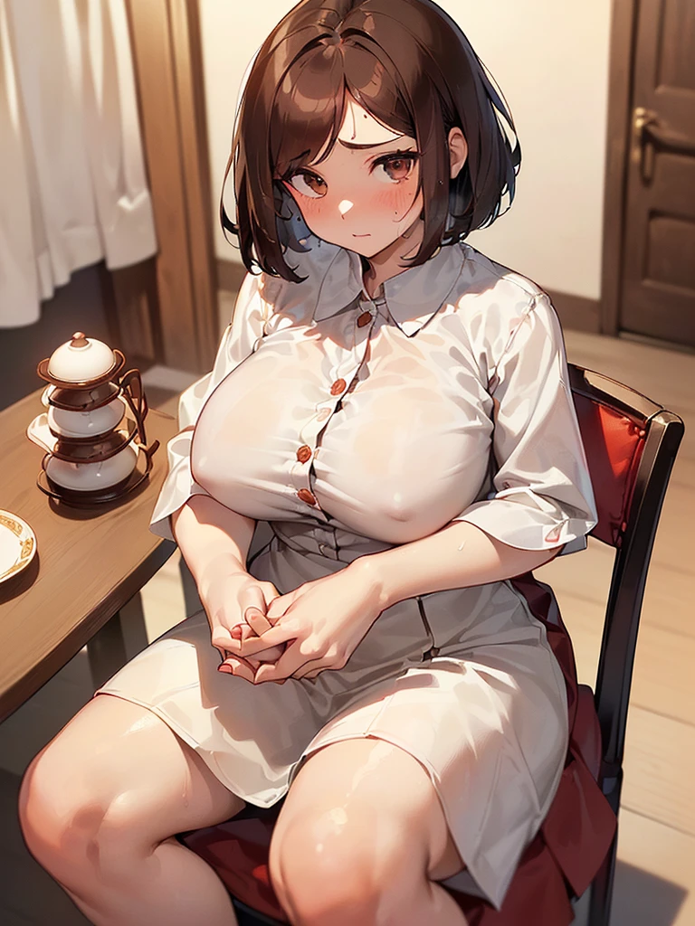 NSFW:1.3、(((Hands touching breasts:1.3))),(((Red long skirt, buttoning her blouse with her hands, opening the front:2.4. An elegant white short-sleeved blouse that shows off a white bra))),(((Apartment room、Sitting in a chair、Anxious expression、Tea on the table:1.3)))Mid-length bob cut hair:1.9. Big breasts:1.6、(((1 Female:1.3))), (((Brown Hair:1.3. Wavy Hair:1.5. Bob Cut Hair:1.9 Round Eyes Beauty:1.3. Shapely breasts, brown eyes, side-swept bangs, red cheeks:1.3 Sweat:1.3)))、(((Top quality masterpiece high resolution perfect human body:1.3))),(((Sweat:1.3,cute:1.3)))