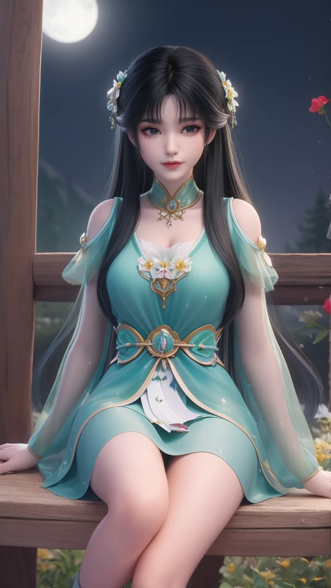 1girl, girl with long black hair, smiling, cheerful, girl is sitting among a wide expanse of flowers, surrounded by beautiful flowers, Calm and peaceful atmosphere, night, moonlight , Beautiful glowing butterflies surround the girl lighting up the darkness of the night, magic,Romantic, the night breeze blows the Sepoi Sepoi girl's hair, 