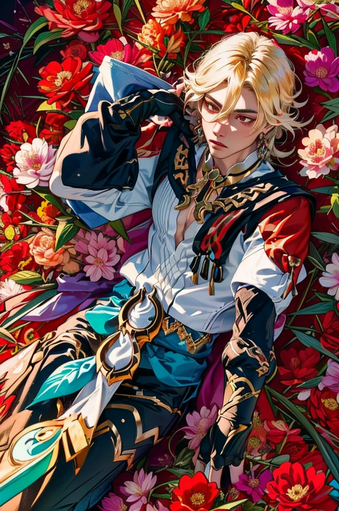 1 adult male solo, blond hair, red eyes, kaveh genshin impact, white top, red and black embroidered details, golden accessories, dark pants, fingerless gloves, feather hair ornament, shiny eyes (masterpiece),((top-quality)),(offcial art),(Beautiful and indulgent:1.2),(1manin:1.3),Detailed drawing。Vibrant colors。colourfull、highestdetailed ((ultra-detailliert)),(Highly detailed 2D illustrations),((Extremely delicate and beautiful))Super Detail,atmosphric perspective,dust particle, iridescent light, water drops on flowers and plants, light summer rain, rainbow light, glowing, surrounded by dark red lily flowers, (((laying in a flower field, many flowers around, view from above, top view)))