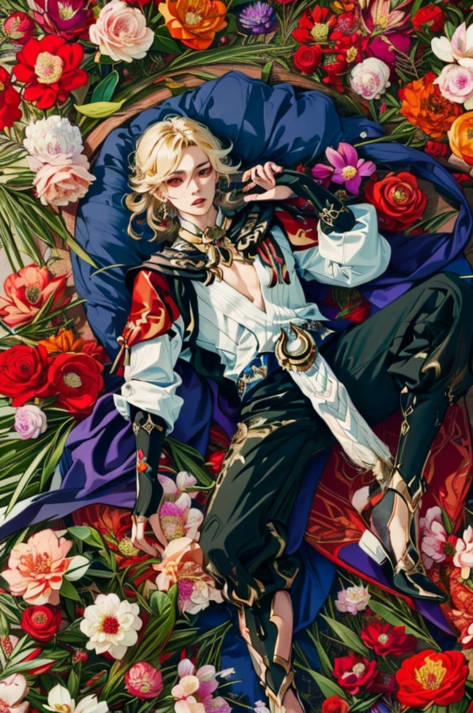 1 adult male solo, blond hair, red eyes, kaveh genshin impact, white top, red and black embroidered details, golden accessories, dark pants, fingerless gloves, feather hair ornament, shiny eyes (​masterpiece),((top-quality)),(offcial art),(Beautiful and indulgent:1.2),(1manin:1.3),Detailed drawing。Vibrant colors。colourfull、highestdetailed ((ultra-detailliert)),(Highly detailed 2D illustrations),((Extremely delicate and beautiful))Super Detail,atmosphric perspective，dust particle, iridescent light, water drops on flowers and plants, light summer rain, rainbow light, glowing, surrounded by dark red lily flowers, (((laying in a flower field, many flowers around, view from above, top view)))