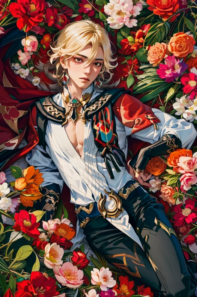 1 adult male solo, blond hair, red eyes, kaveh genshin impact, white top, red and black embroidered details, golden accessories, dark pants, fingerless gloves, feather hair ornament, shiny eyes (masterpiece),((top-quality)),(offcial art),(Beautiful and indulgent:1.2),(1manin:1.3),Detailed drawing。Vibrant colors。colourfull、highestdetailed ((ultra-detailliert)),(Highly detailed 2D illustrations),((Extremely delicate and beautiful))Super Detail,atmosphric perspective,dust particle, iridescent light, water drops on flowers and plants, light summer rain, rainbow light, glowing, surrounded by dark red lily flowers, (((laying in a flower field, many flowers around, view from above, top view)))