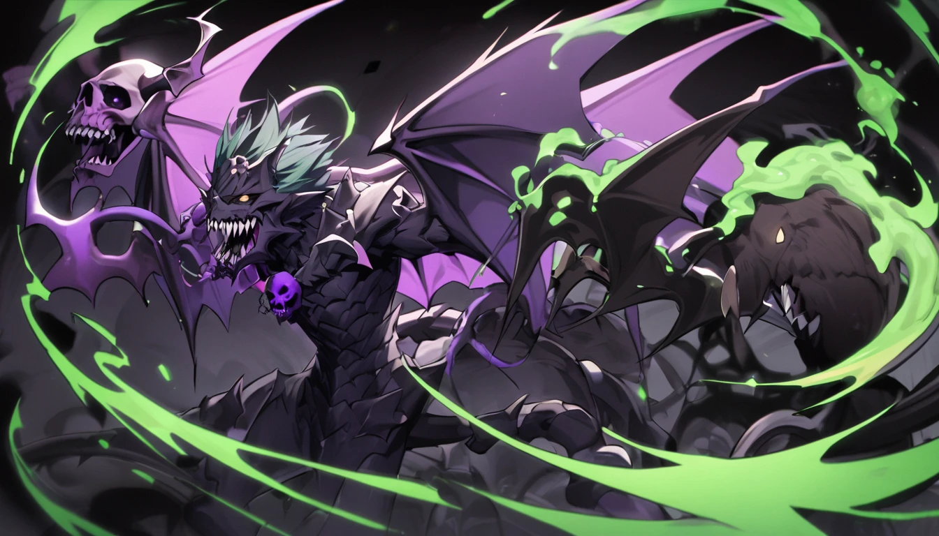 A cunning Gargoyle demon with sharp teeth, a half-demon. Bat skin wings, long tail, black bones, a man with short hair, gray-black eyes, bone armor, a skull, enormous power swirling around. Black as poison Concentrated purple-green poison dark black background