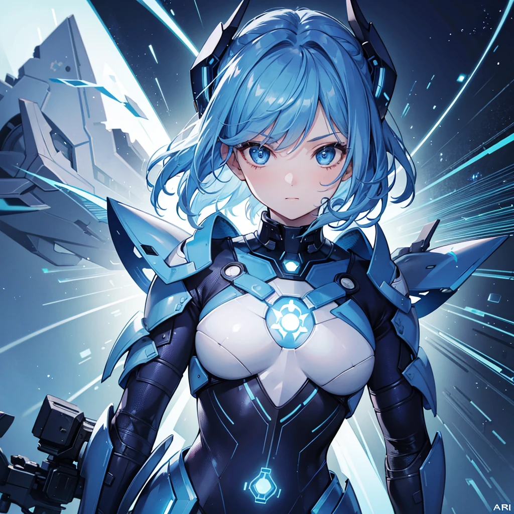 8K, Highest quality, (real:1.4), Original photo, 1 girl, Asari Hair, Biological Amplifier, refined armor, posture: Peace talks between warring factions, smart blue eyes