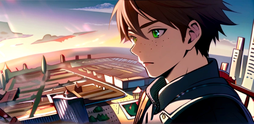 Male, solo, short brown hair, green eyes, freckles, fantasy city background